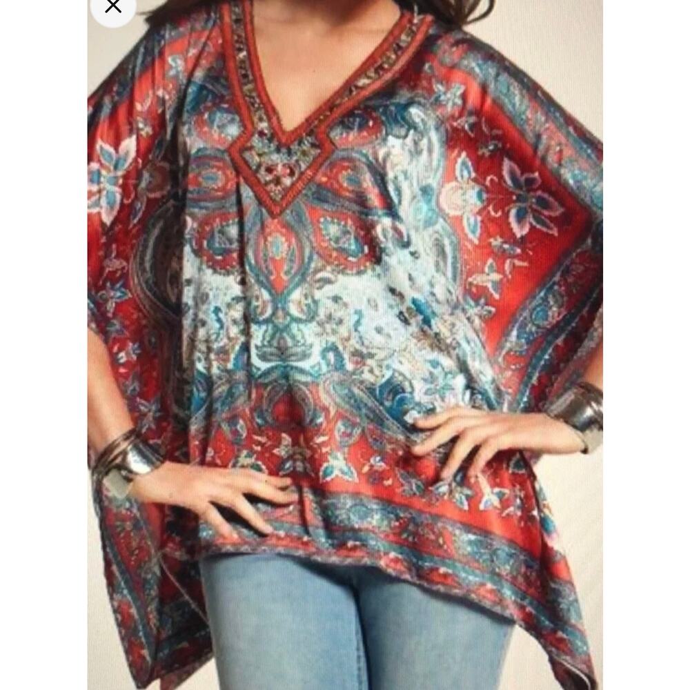 Chicos Paisley Poncho Top Size Large XL Red Embellished Beaded Satin Relaxed Fit